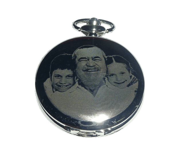 A Pocket Watch Engraved with a photo on the face and dedication on the back