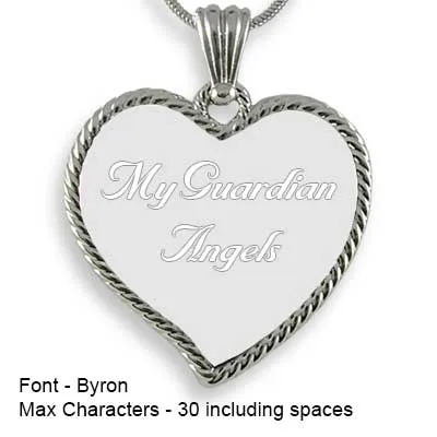 Engravable Back of Rhodium Medium Rope Edged Curved Heart Photo Pendant