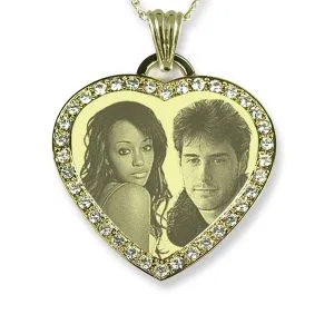 Engraved face Gold Plate Diamante Heart Merged Photo Pendant