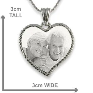 Dimensions of Rhodium Medium Rope Edged Curved Heart Photo Pendant
