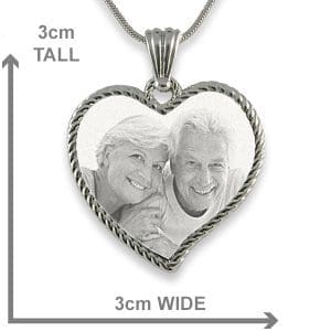 Dimensions of Rhodium Medium Rope Edged Curved Heart Photo Pendant