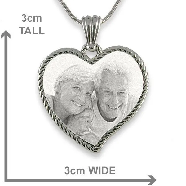 Dimensions of Rhodium Medium Rope Edged Curved Heart Photo Pendant
