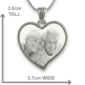 Dimensions of Stainless Steel Large Rope Edged Curved Heart Photo Pendant